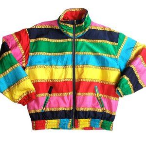 Vtg 80s 90s Windbreaker Jacket Silk Rainbow Colorful Size Medium Streetwear